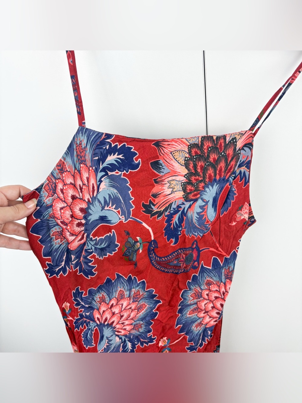 Farm Rio Luang Red Maxi Dress Blue Tropical Floral Bias Slip Resort Aloha Small - Picture 3 of 9